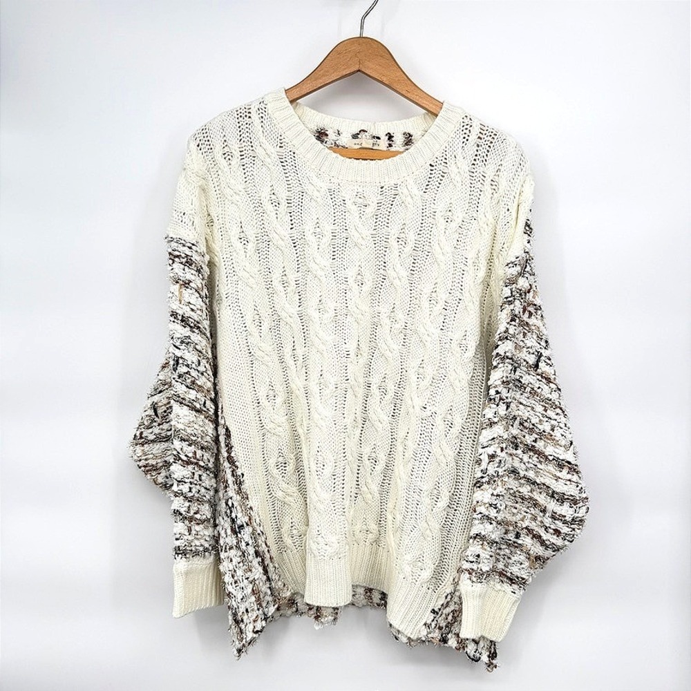 Andthewhy Sweater Cable Knit Mixed Media Oversized Boho Drop Sleeve NEW M/L